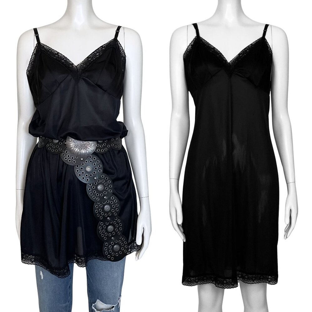 Vintage Black Satin Lingerie Slip Dress Lace Trim Chemise. M/L 22. Boho Coquette